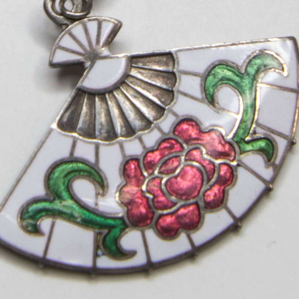 Vintage Cloisonné Floral Fan Silver Tone Earrings